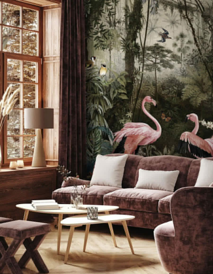 Flamingo's tussen oude boomstammen — interieur 3