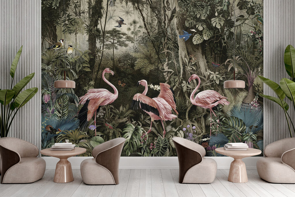 Flamingo's tussen oude boomstammen — interieur 7