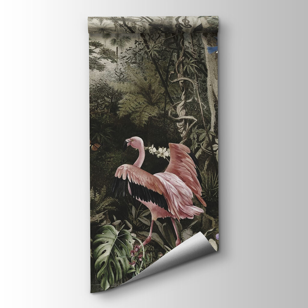 Flamingo's tussen oude boomstammen — productweergave