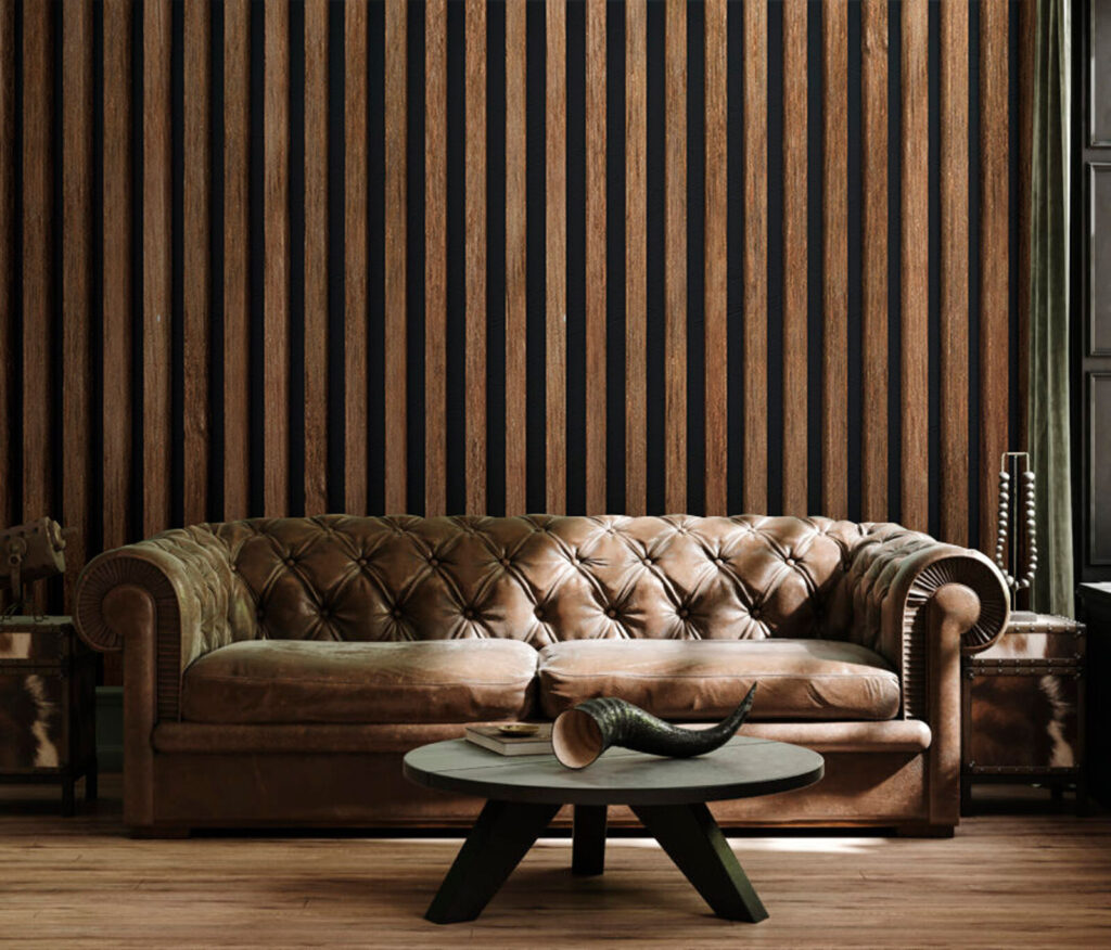 Houten latten, donkere voegen — interieur 1