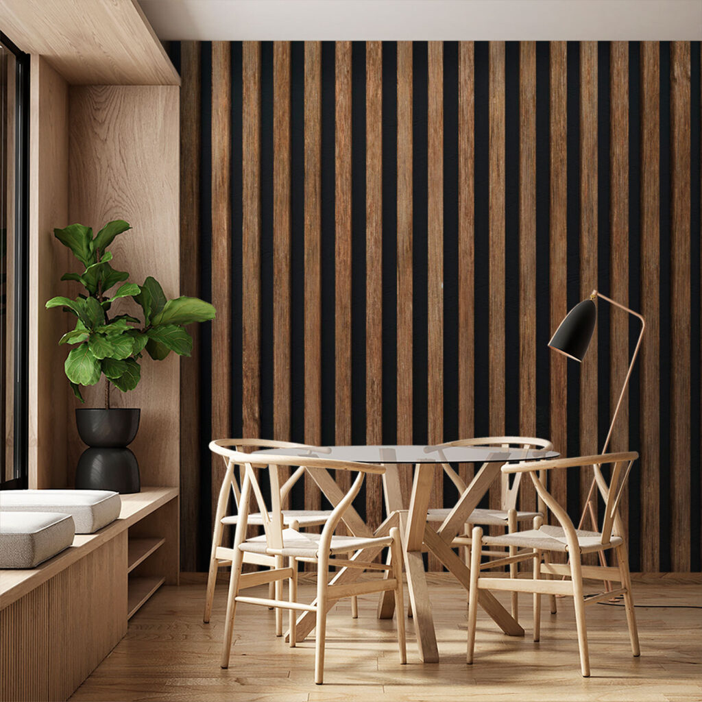 Houten latten, donkere voegen — interieur 3
