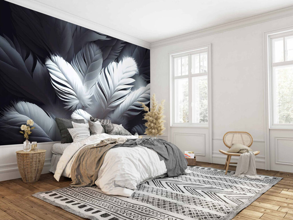 Groep witte veren in een interieur