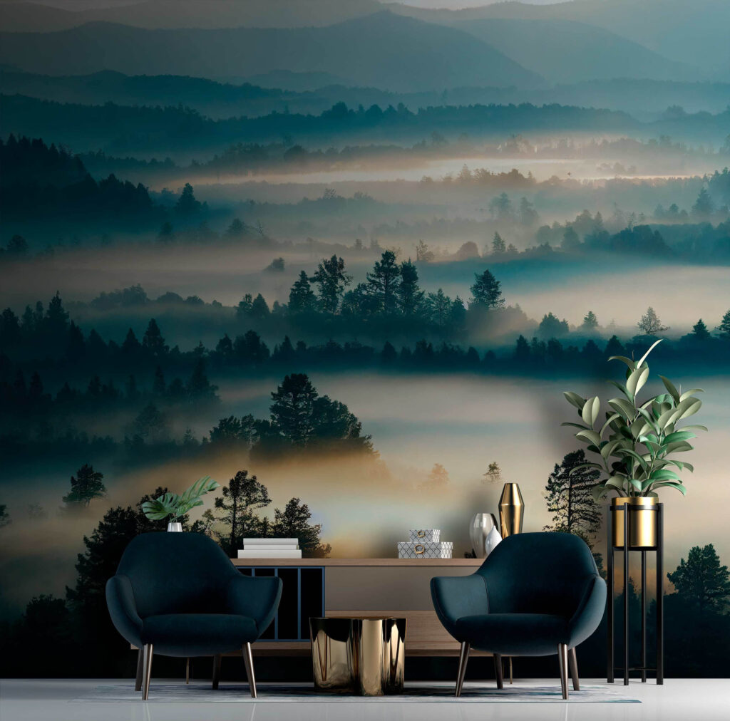 Nevelbanken tussen blauwe bosheuvels — interieur 1