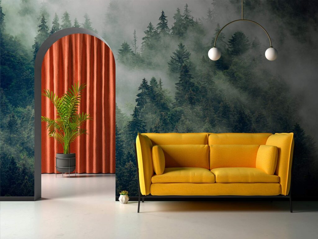 Dennen in witte bosmist — interieur 1