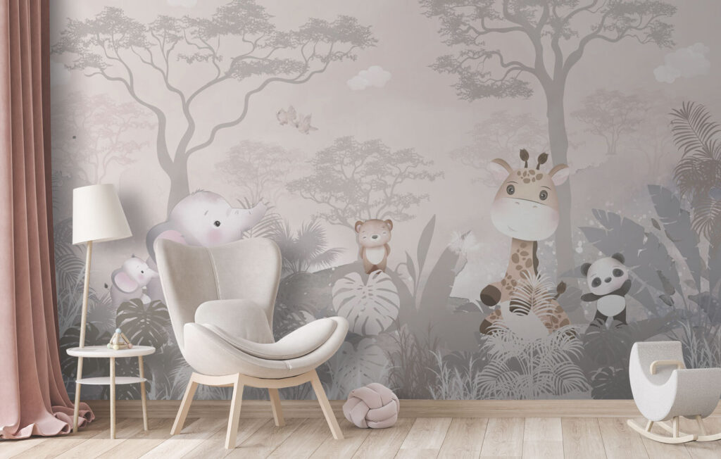 Groep dieren in een bos in een interieur