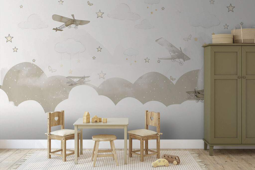 Vliegtuigjes boven ronde wolken — interieur 1