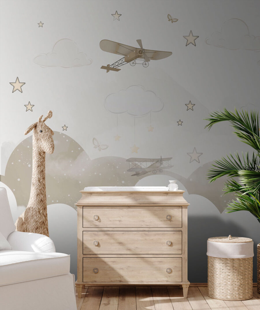 Vliegtuigjes boven ronde wolken — interieur 3
