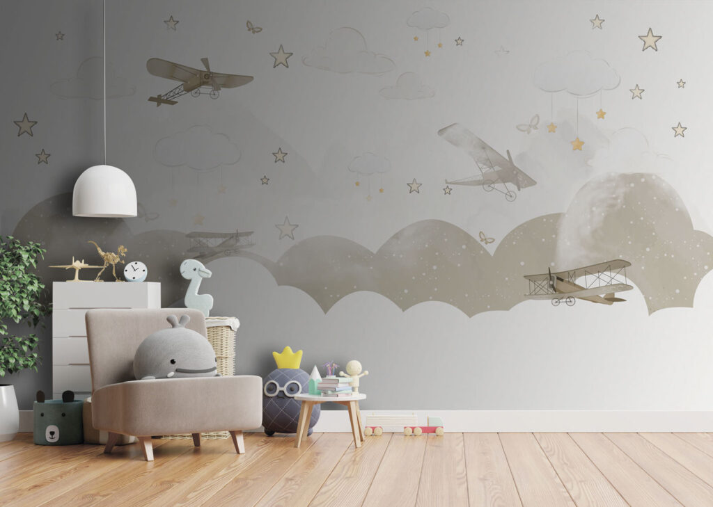 Vliegtuigjes boven ronde wolken — interieur 4