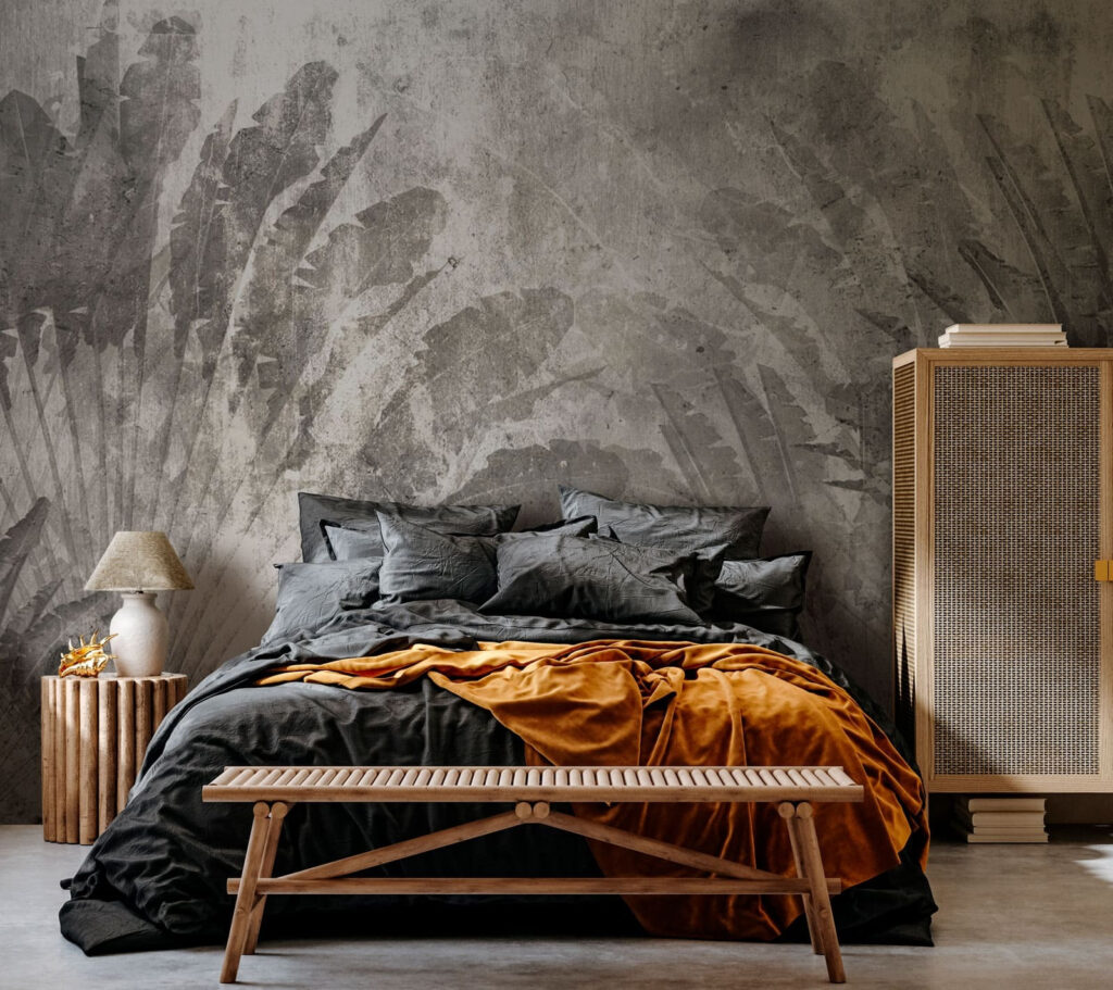 Grijze en witte achtergrond met bladeren — interieur 2