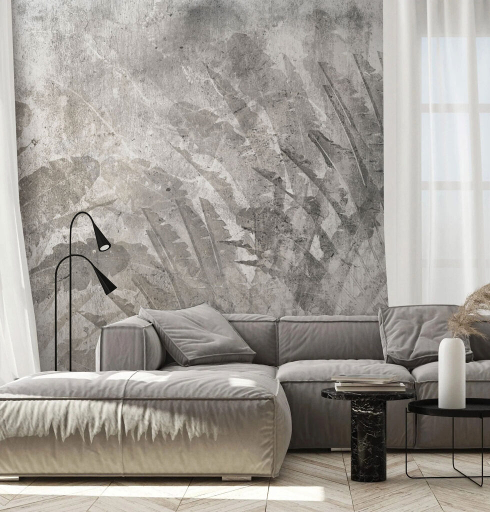 Grijze en witte achtergrond met bladeren — interieur 3