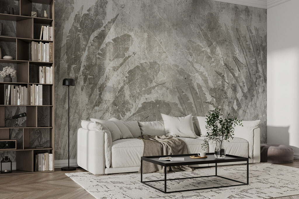 Grijze en witte achtergrond met bladeren — interieur 7