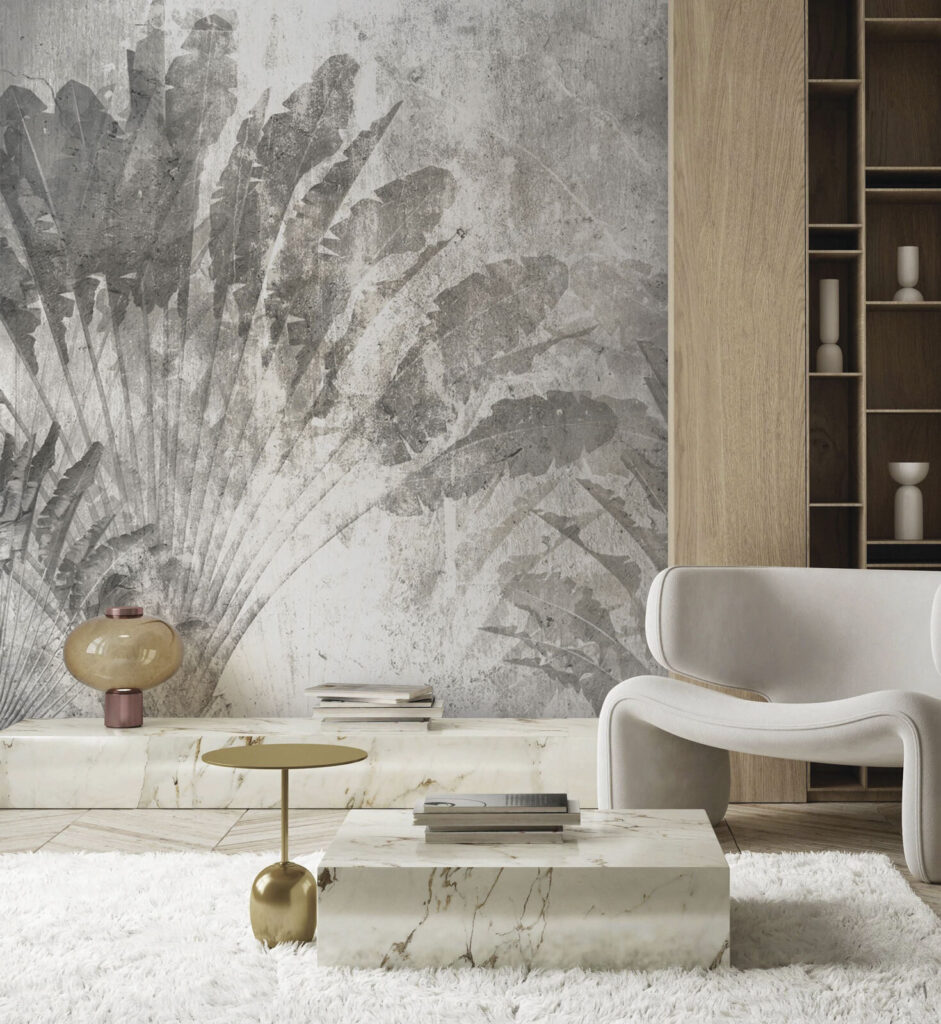 Grijze en witte achtergrond met bladeren — interieur 4