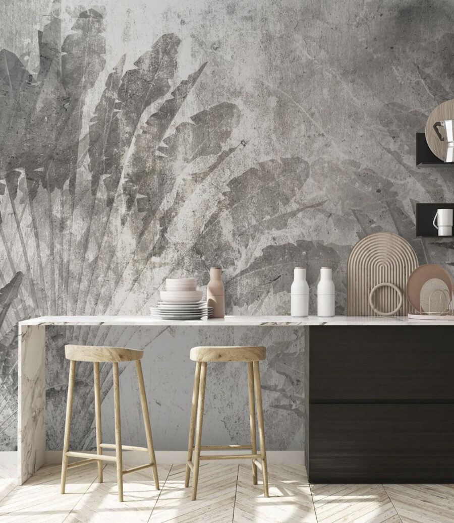 Grijze en witte achtergrond met bladeren in een interieur