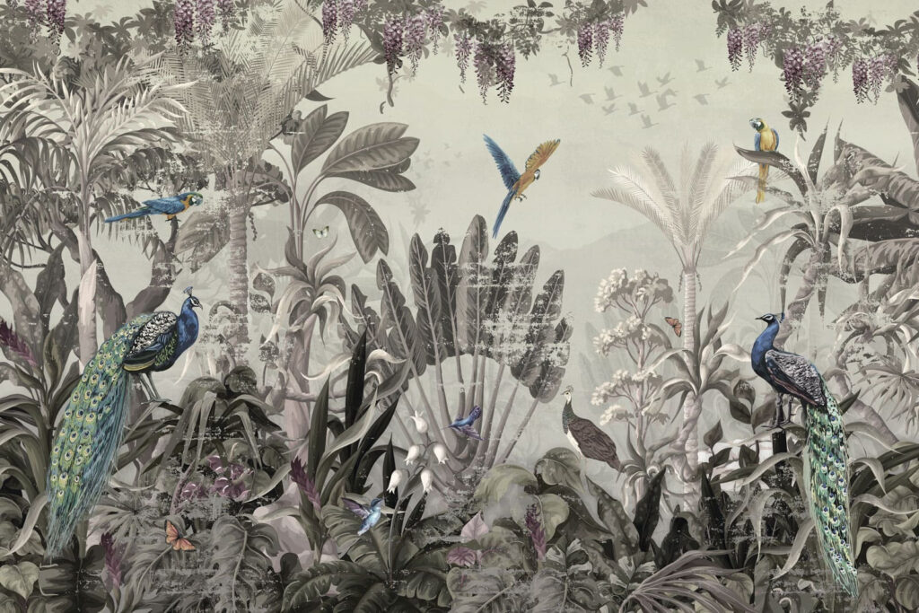Pauwen in oude jungleprent — volledig ontwerp