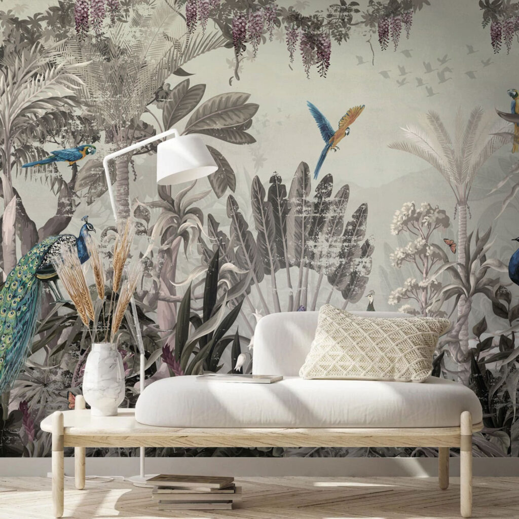 Pauwen in oude jungleprent — interieur 1