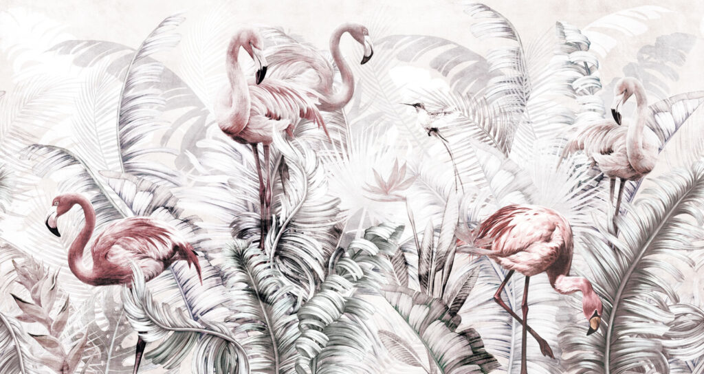 Flamingo’s tussen fijne grijstakken — volledig ontwerp