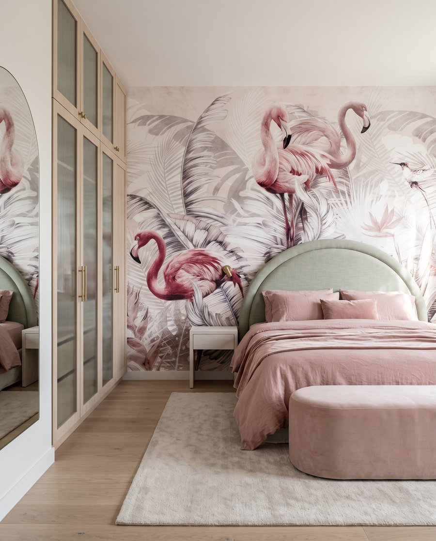 Flamingo’s tussen fijne grijstakken in een interieur