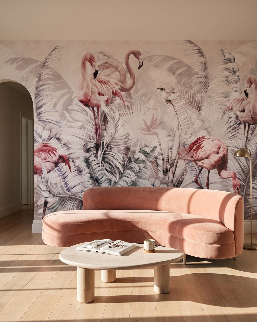 Flamingo’s tussen fijne grijstakken in een interieur