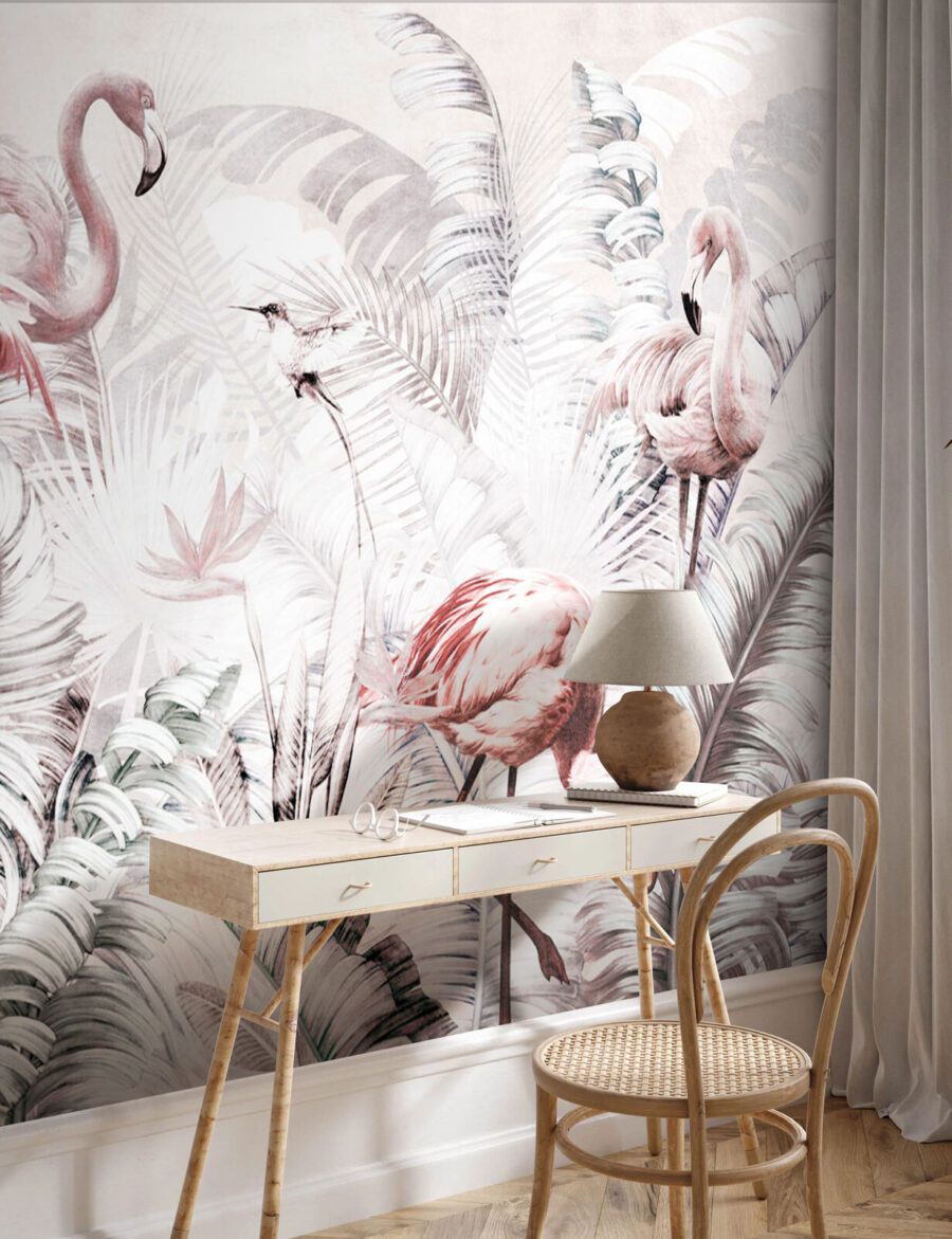 Tropische flamingo’s te midden van weelderig groen in een interieur