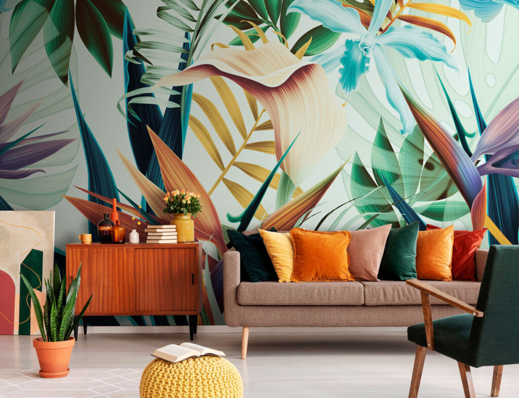 Paradijsbloemen tussen lichtblauwe bladeren — interieur 2