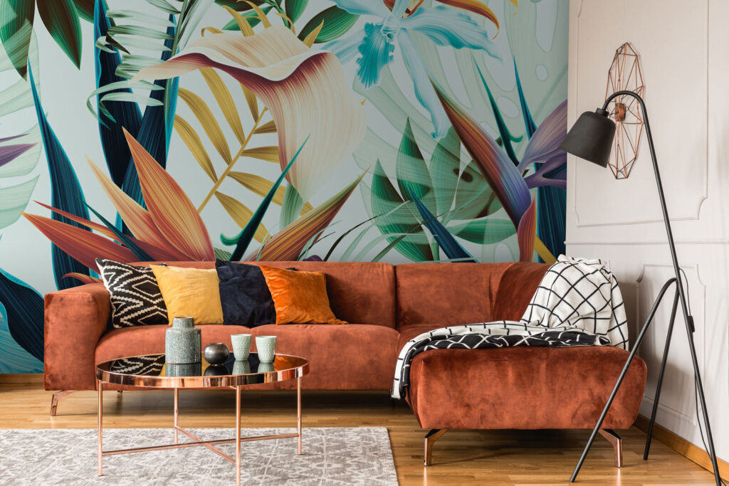 Paradijsbloemen tussen lichtblauwe bladeren — interieur 4