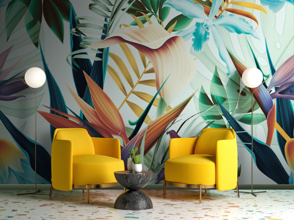 Paradijsbloemen tussen lichtblauwe bladeren — interieur 1