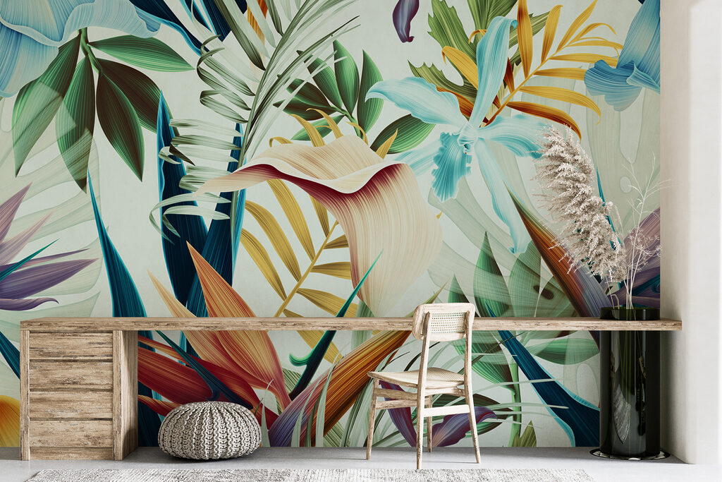 Paradijsbloemen tussen lichtblauwe bladeren — interieur 6