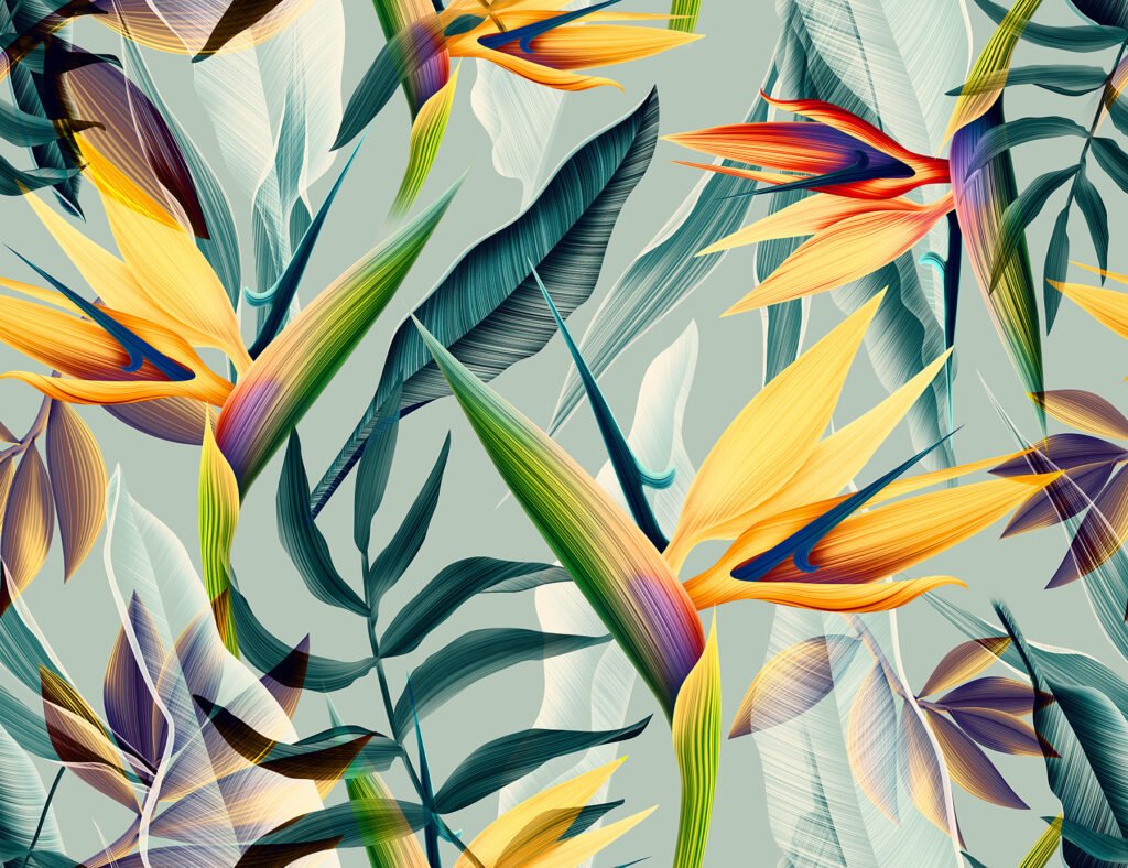 Oranje paradijsbloemen op turquoise — volledig ontwerp