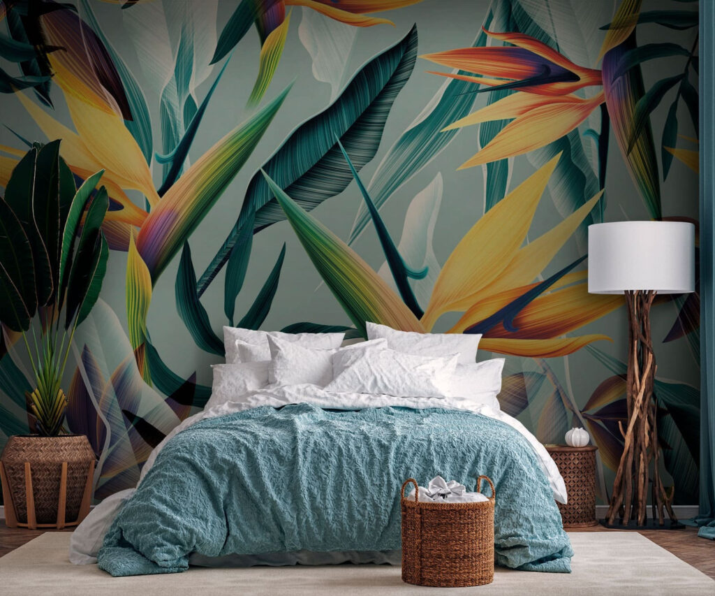Oranje paradijsbloemen op turquoise — interieur 2