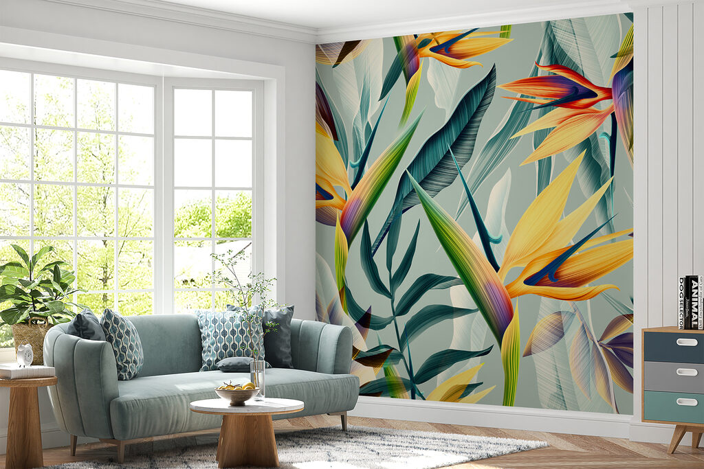 Oranje paradijsbloemen op turquoise — interieur 7