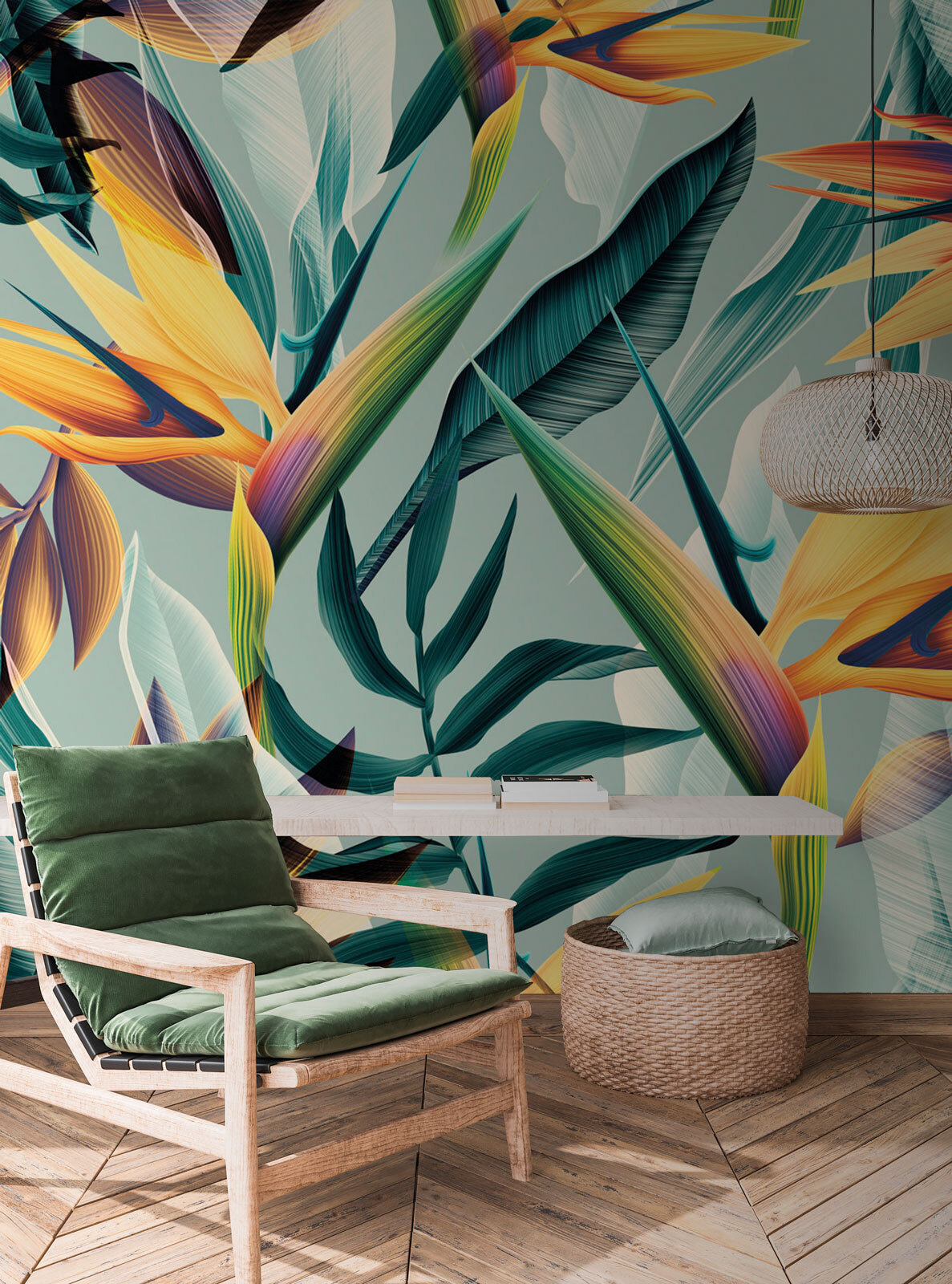 Oranje paradijsbloemen op turquoise — interieur 4