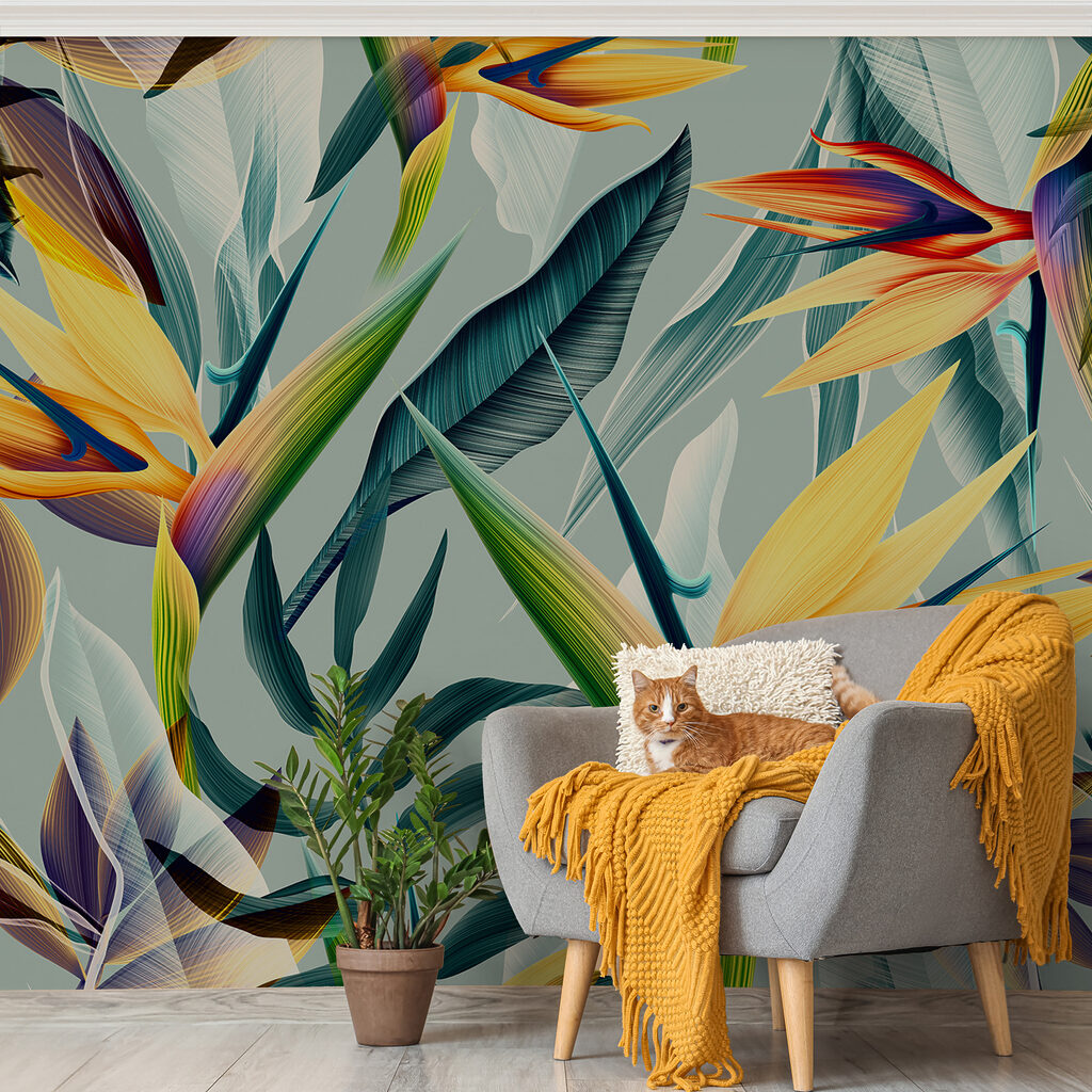 Oranje paradijsbloemen op turquoise — interieur 8