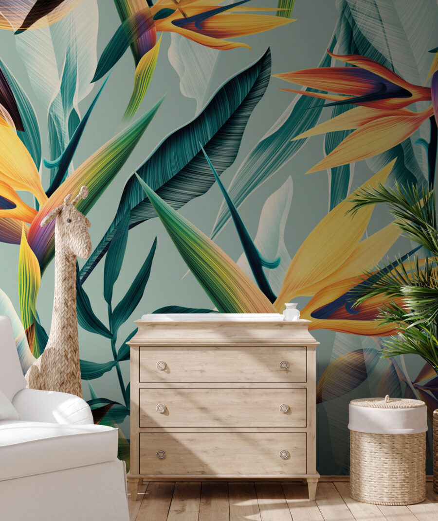 Oranje paradijsbloemen op turquoise — interieur 5