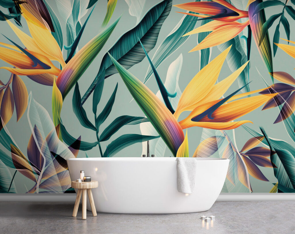 Oranje paradijsbloemen op turquoise — interieur 1