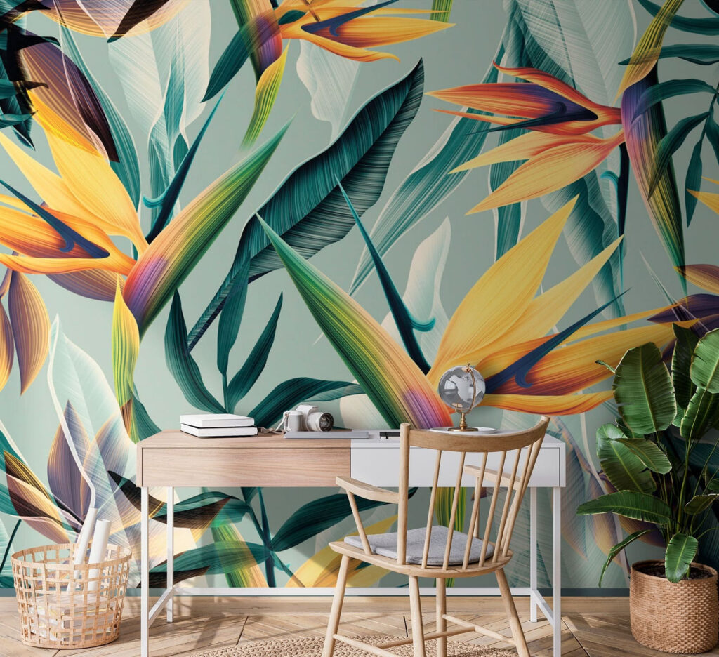 Oranje paradijsbloemen op turquoise — interieur 6