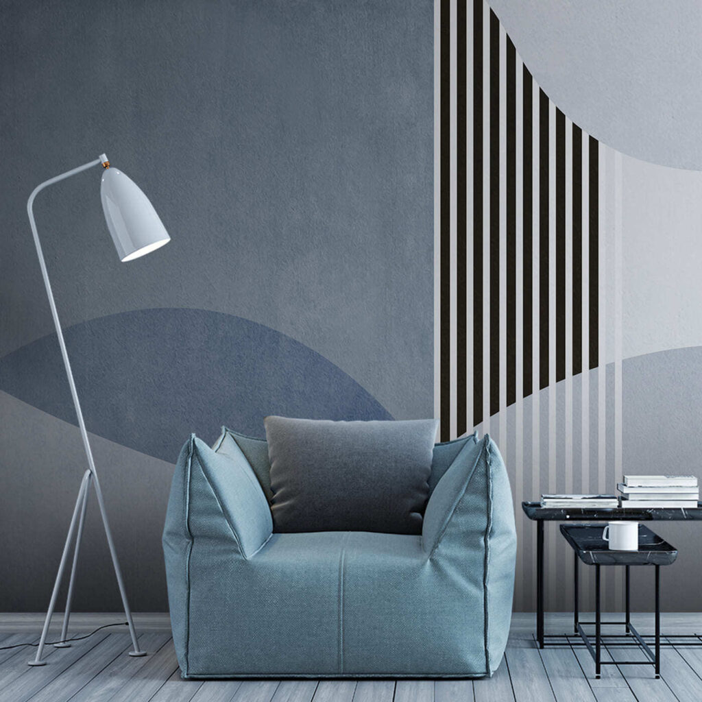 Een blauwe en witte achtergrond met zwarte lijnen en cirkels — interieur 1