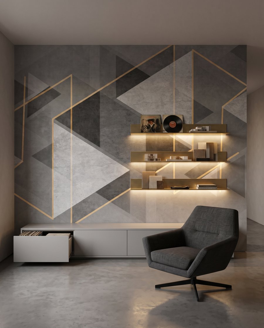 Driehoeken in grijze diepte in een interieur