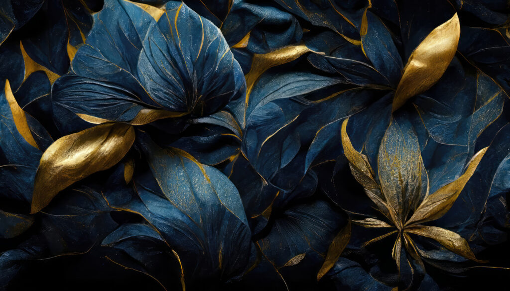 Donkerblauwe bloemen met goudblad — volledig ontwerp