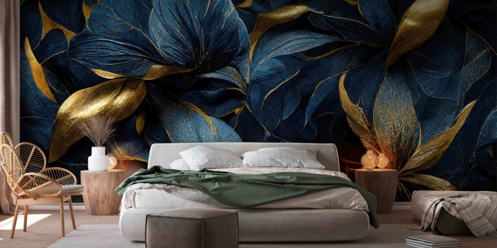 Donkerblauwe bloemen met goudblad — interieur 2