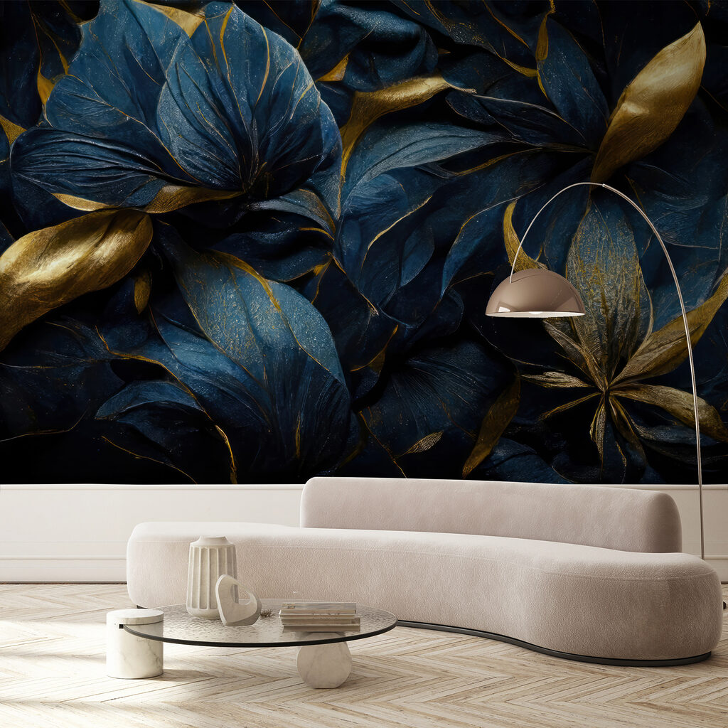 Donkerblauwe bloemen met goudblad — interieur 6