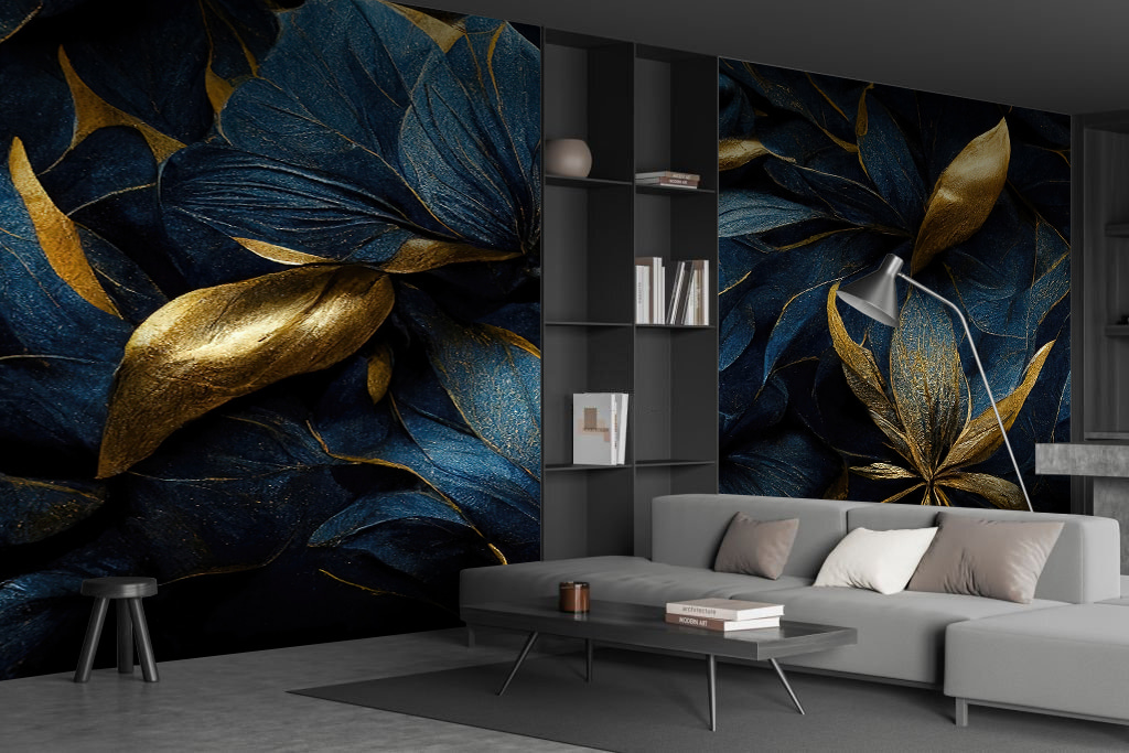 Donkerblauwe bloemen met goudblad — interieur 1