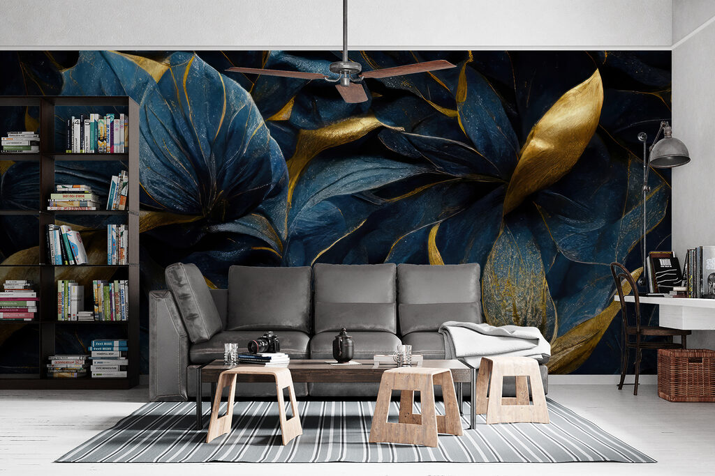 Donkerblauwe bloemen met goudblad — interieur 7