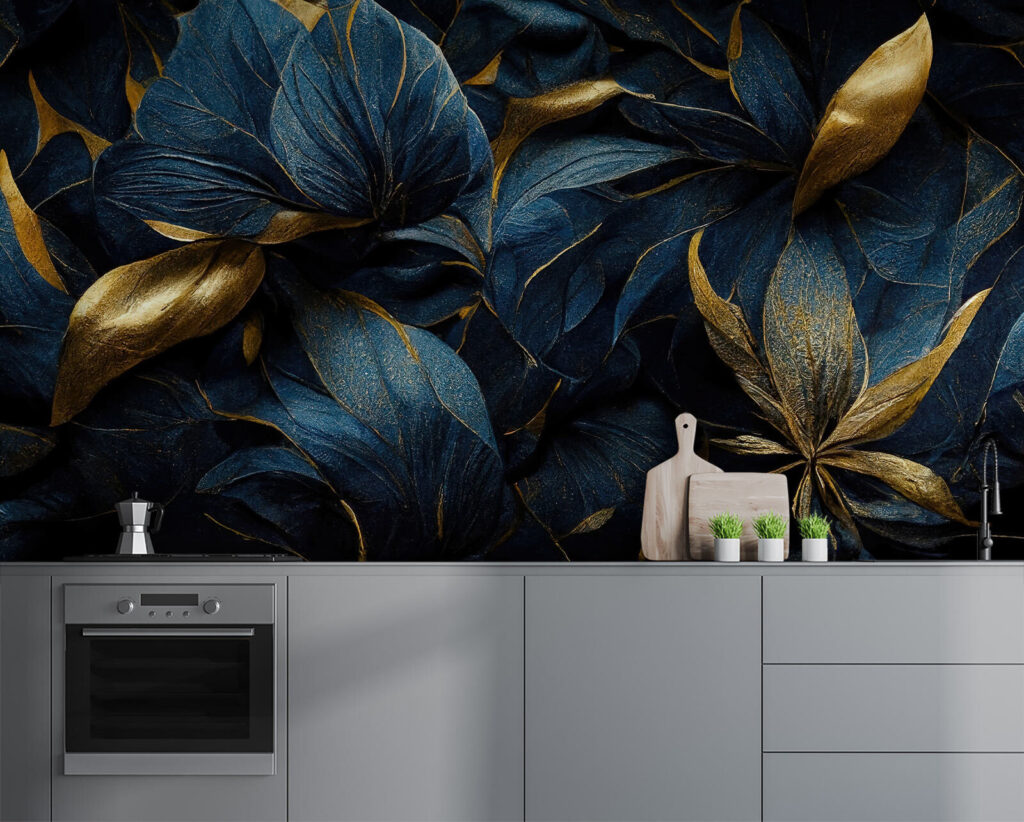 Donkerblauwe bloemen met goudblad — interieur 3