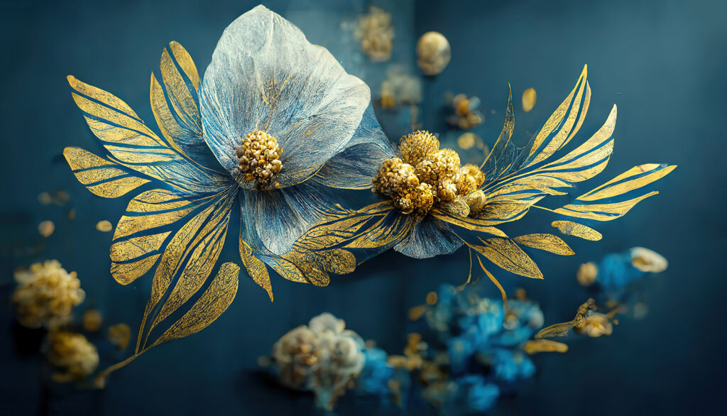 Bleekblauwe bloem met goudtakjes — volledig ontwerp