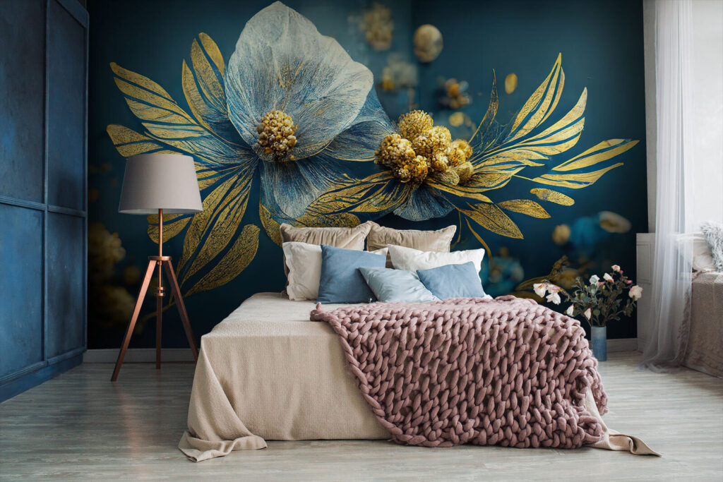 Bleekblauwe bloem met goudtakjes — interieur 1