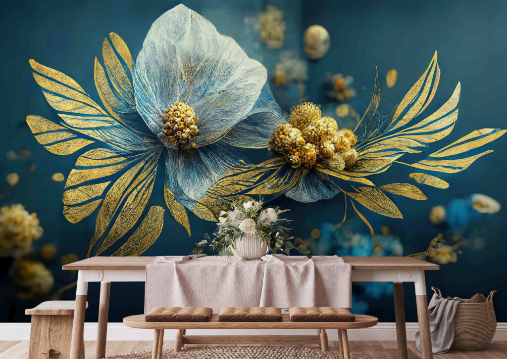 Bleekblauwe bloem met goudtakjes — interieur 2