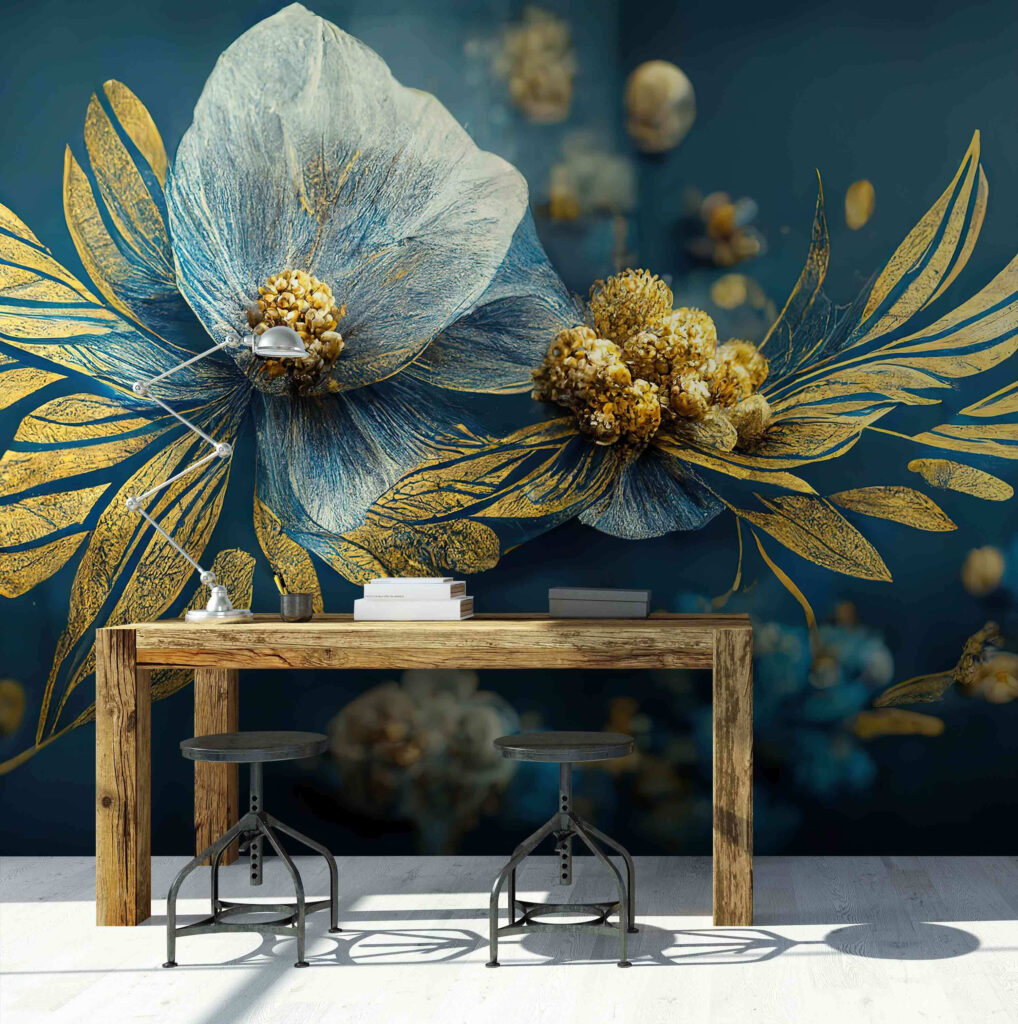 Bleekblauwe bloem met goudtakjes — interieur 3