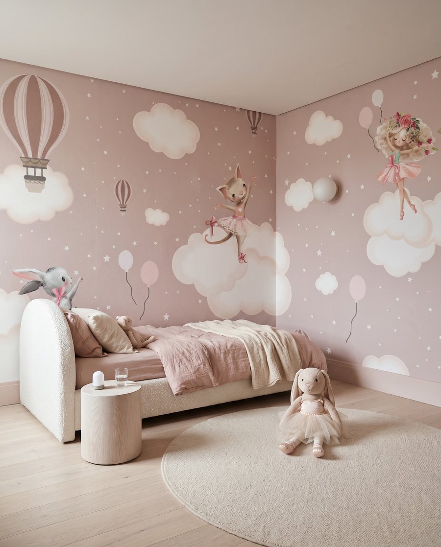 Dieren op roze wolkjes in een interieur
