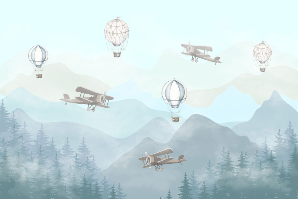 Vliegtuigjes boven bleke bergen — volledig ontwerp