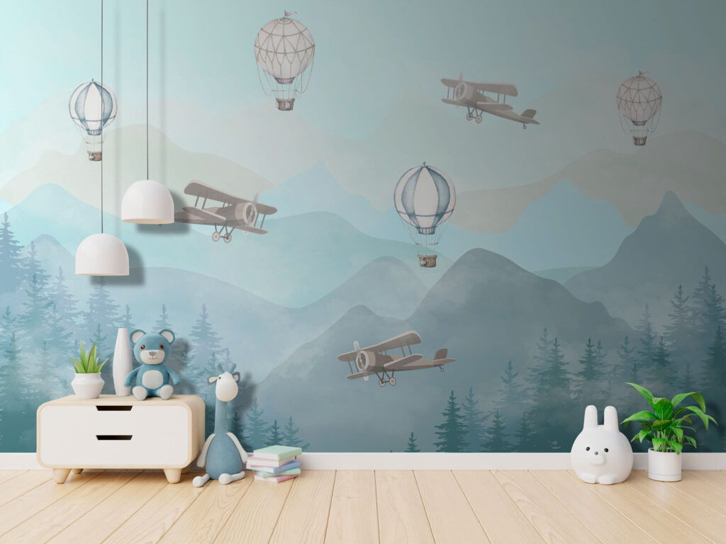 Groep vliegtuigen vliegend in de lucht in een interieur